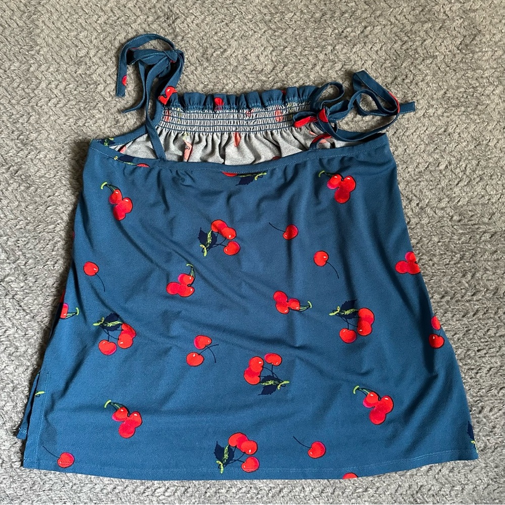 Modcloth Blue Smocked Cherry Print Tank Top with Tie Front Size XL - Picture 9 of 10